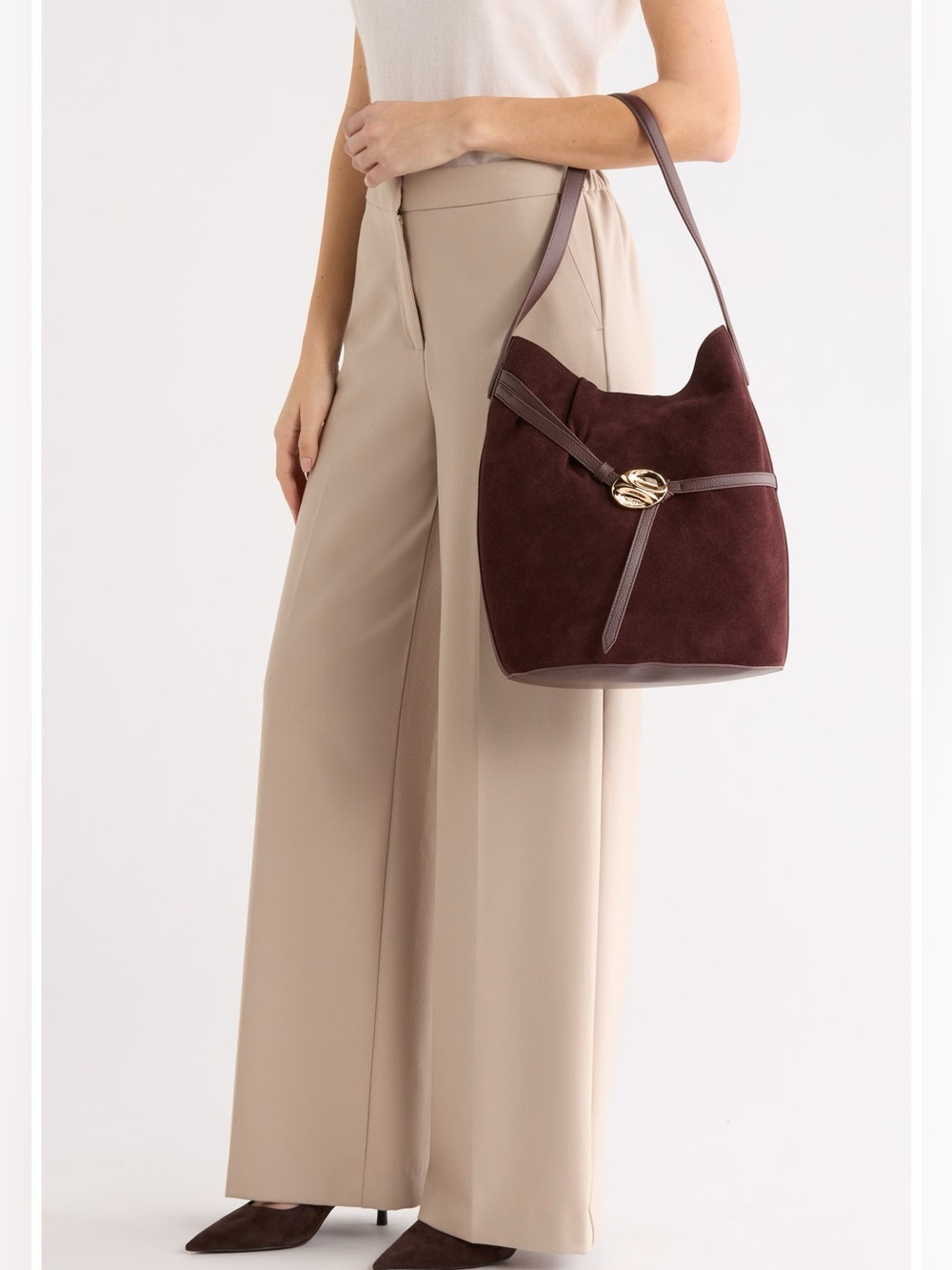 NWT Sam Edelman Cowhide Leather Suede Crossbody Chocolate Brown Bucket Tote Bag - Picture 16 of 16